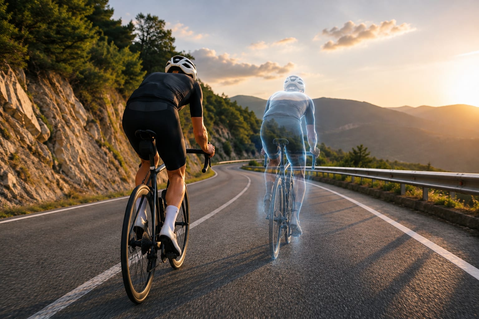A cyclist climbing a mountain road at sunset, racing alongside a translucent ghost rider.