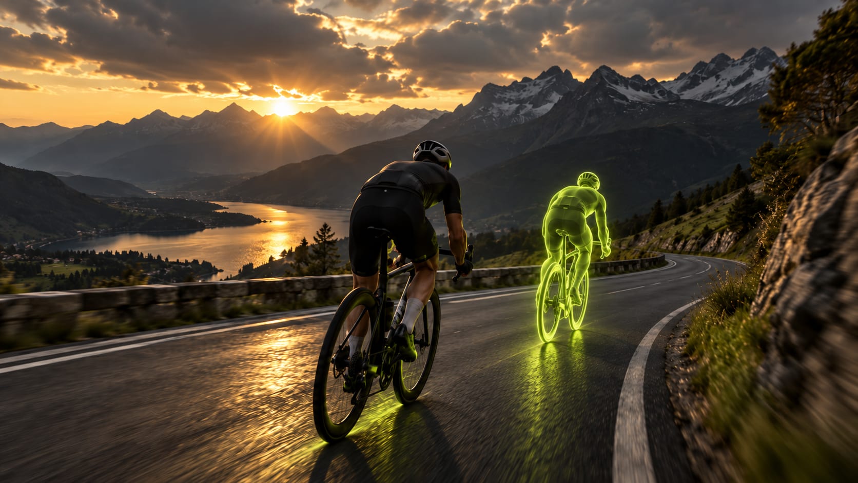 A cyclist on a mountain pass above a lake at sunset, racing a glowing lime-green ghost rider.